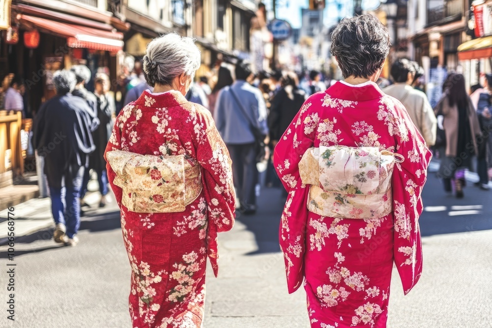 Two geishas walking in kyoto wearing traditional kimono Two geishas walking in kyoto wearing traditional kimono