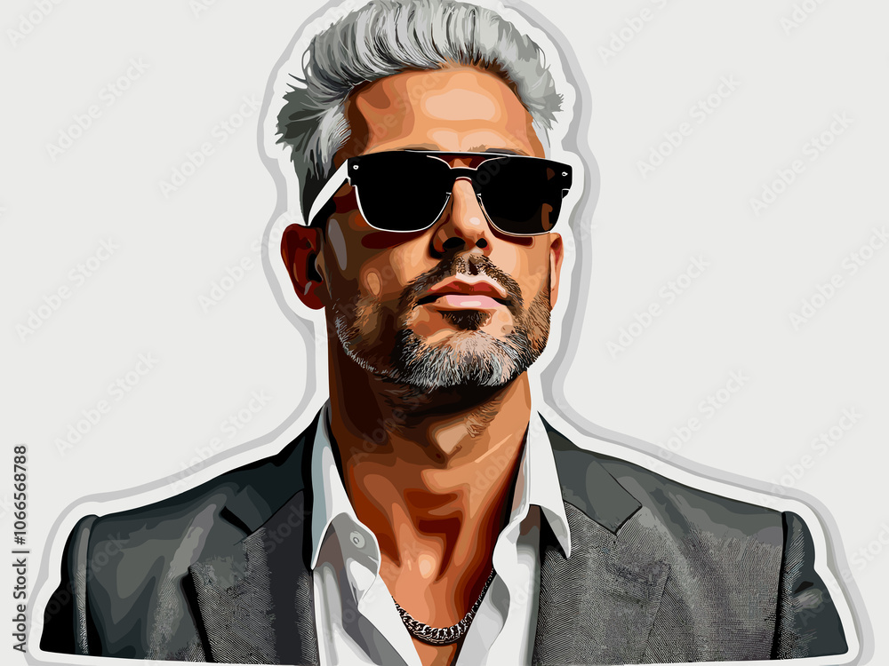 Obraz premium Stylish man wearing sunglasses and a gray suit strikes a confident pose against a plain background