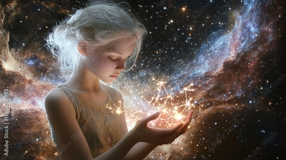 Obraz premium Embracing Cosmic Wonders - Young girl with pale skin holding a constellation in her hands, surrounded by cosmic energy and vast galaxy in the background