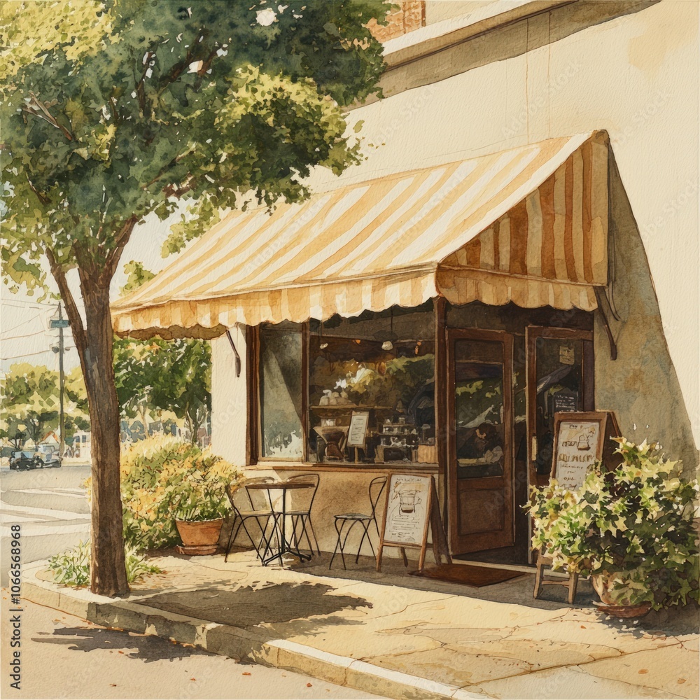 Naklejka premium Charming Café Welcomes Guests with Cozy Outdoor Seating