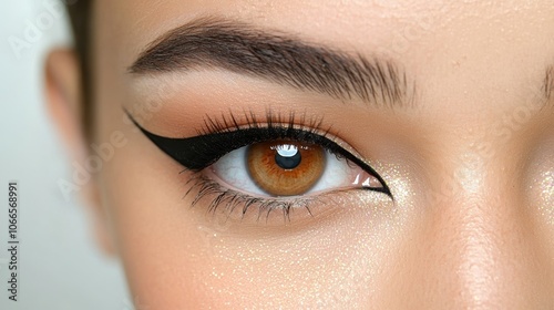 A close-up of a woman with a simple and elegant Chinese New Year makeup look, featuring rosy cheeks, a hint of shimmer, and a classic cat-eye liner 