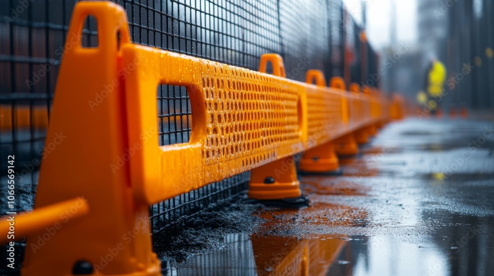 Fototapeta premium A close-up view of orange construction barriers lined along a wet surface, with blurred figures in the background, indicating a work or safety zone.
