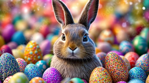 A fluffy rabbit sits amidst colorful Easter eggs