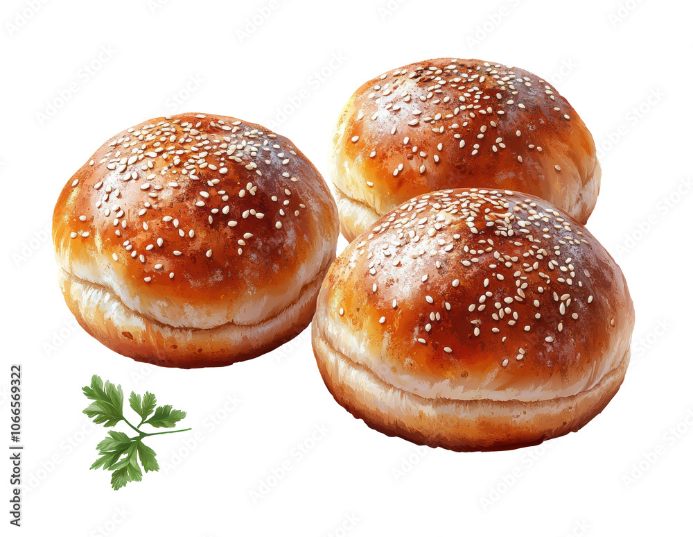 Three freshly baked sesame seed hamburger buns with golden brown tops, perfect for burgers, bakery goods, or sandwich preparation isolated on transparent background Three freshly baked sesame seed hamburger buns with golden brown tops, perfect for burgers, bakery goods, or sandwich preparation isolated on transparent background
