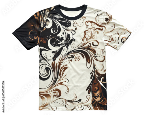 Stylish t shirt featuring intricate brown and black swirl patterns on light background, perfect for casual wear or artistic expression photo