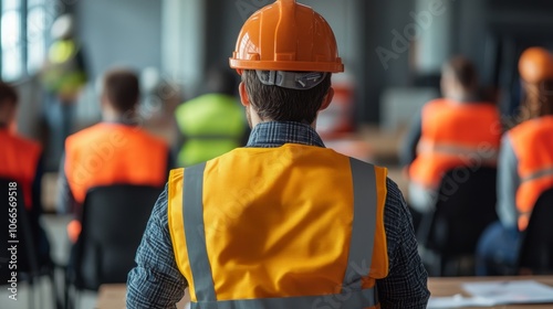 A worker in an orange safety helmet and vest attends a meeting, surrounded by colleagues in similar attire, emphasizing construction safety and teamwork. photo