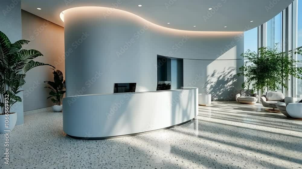 A modern office lobby with a white curved reception desk and large windows