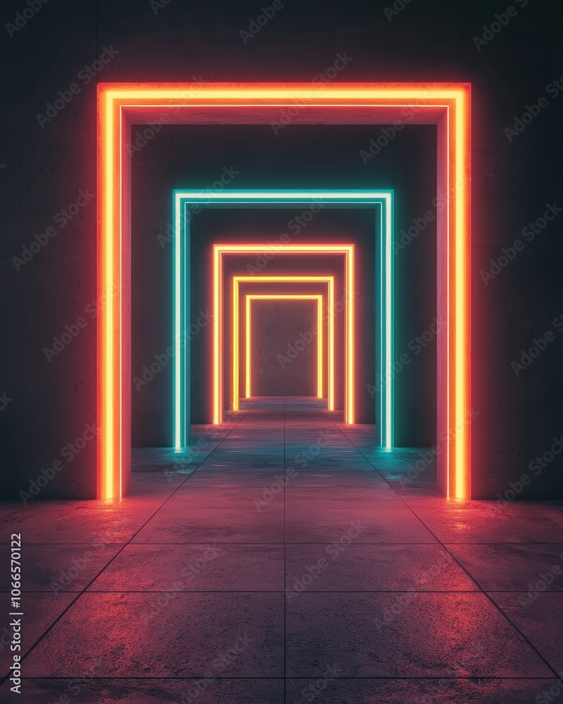 Fototapeta premium Vibrant neon light tunnel with glowing frames against a dark background, creating a futuristic and immersive atmosphere.