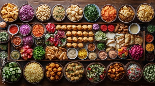 A colorful assortment of Indian snacks, including samosas, pakoras, and sev, displayed beautifully on a traditional platter, with a vibrant background