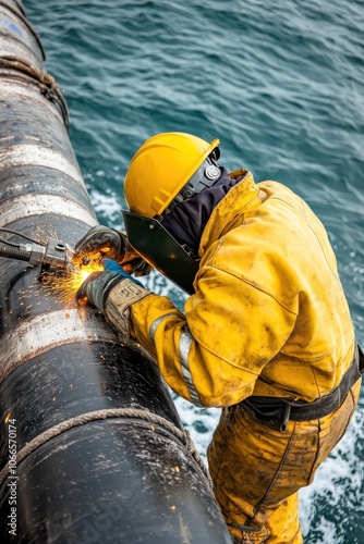 Welder working on a pipe in the ocean, sparks flying, wearing protective gear, industrial artistry at sea.