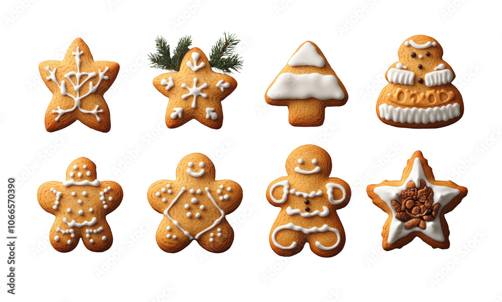 Holiday gingerbread cookies in various shapes with icing decoration, festive Christmas treats isolated on transparent background, seasonal baking and dessert themes Holiday gingerbread cookies in various shapes with icing decoration, festive Christmas treats isolated on transparent background, seasonal baking and dessert themes
