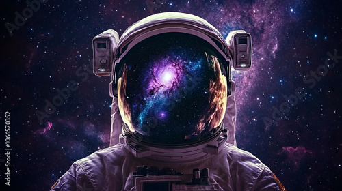 Astronaut in space suit gazing at a colorful galaxy within helmet on a cosmic backdrop