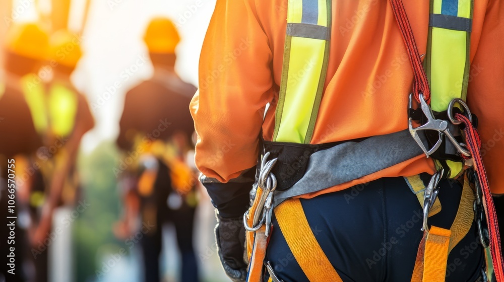 A construction worker in safety gear stands with colleagues in the background, emphasizing teamwork and safety practices on a job site. A construction worker in safety gear stands with colleagues in the background, emphasizing teamwork and safety practices on a job site.