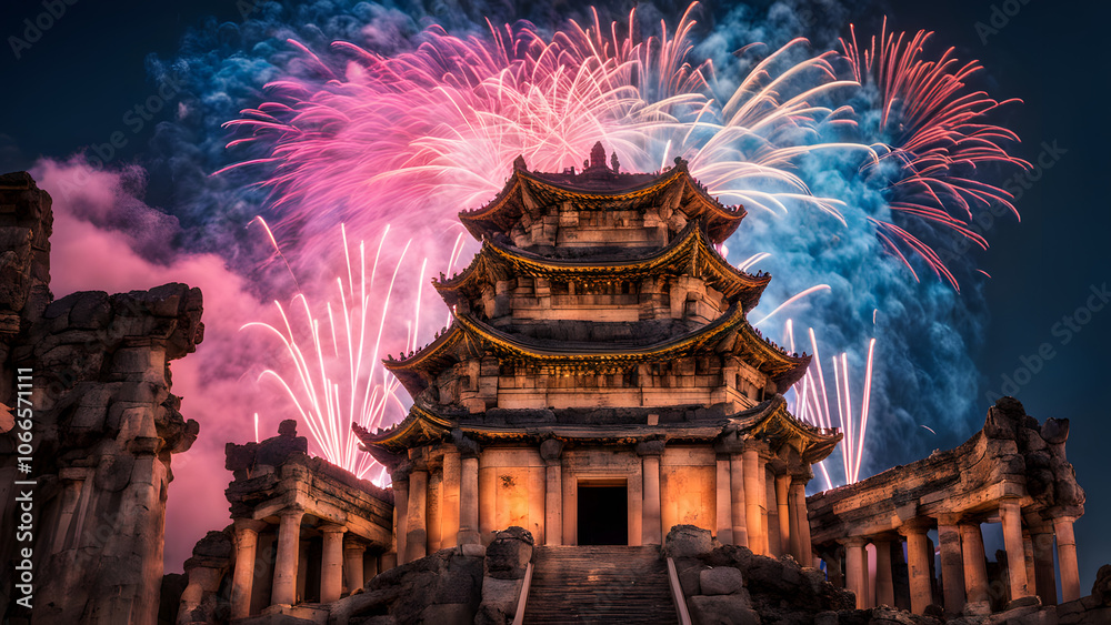 Fototapeta premium Fireworks creating a magical show with shades of pink blue and yellow over an ancient temple, Ai Generated