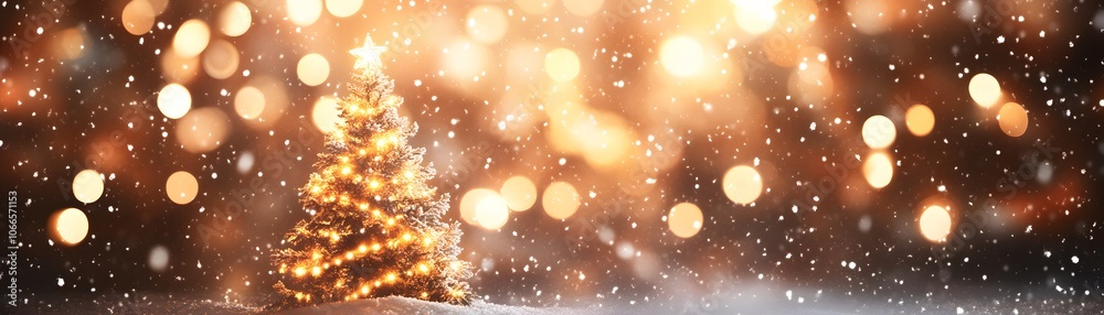 Naklejka premium Illuminated Christmas Tree with Falling Snow and Golden Bokeh Lights
