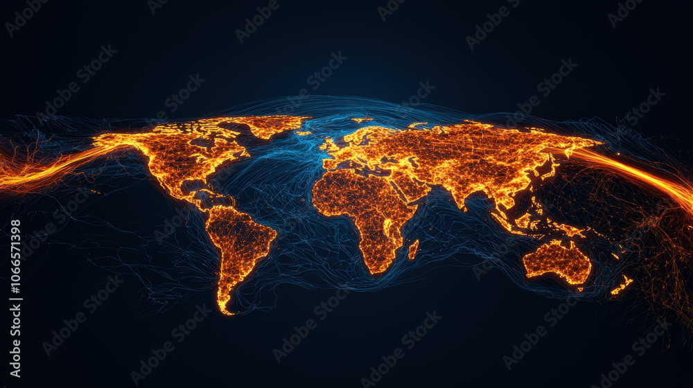 vibrant world map illuminated with glowing export routes and revenue trends, showcasing global connections and trade dynamics