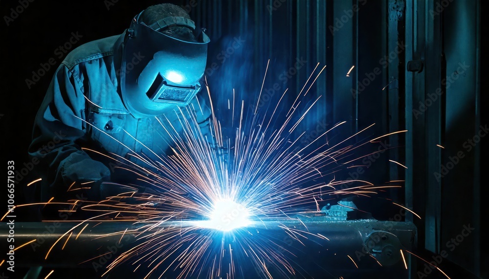 front view Plant mechanic welds pipes in industrial plant front view Plant mechanic welds pipes in industrial plant