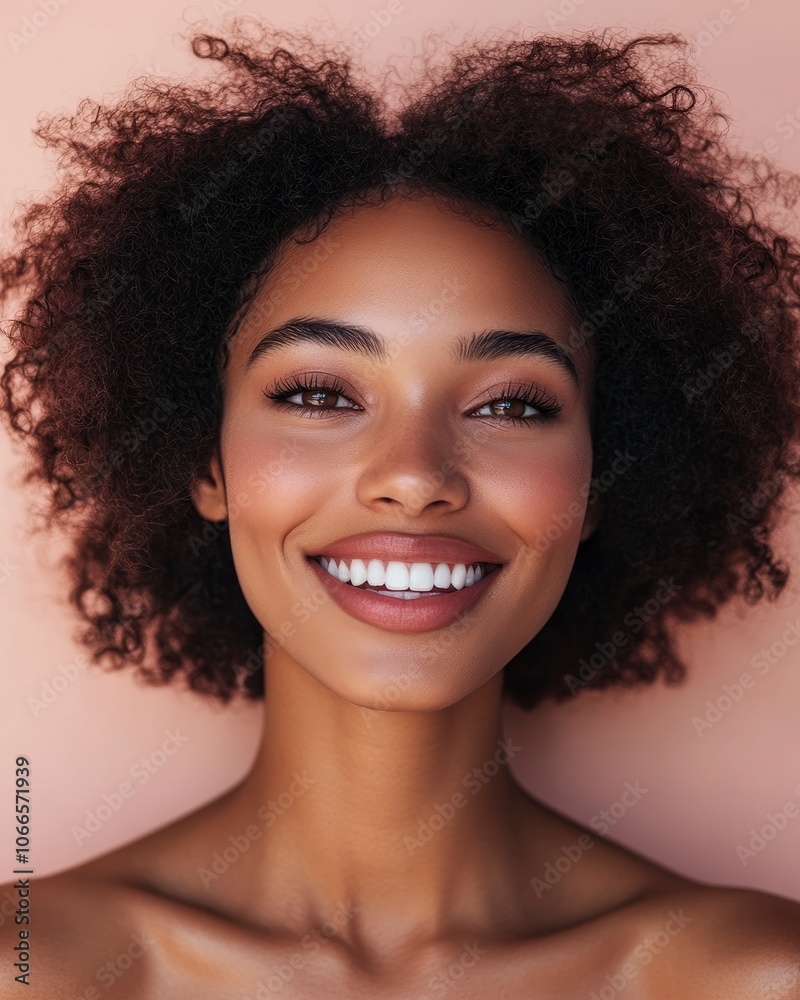 Close-up portrait of a young woman with an afro smiling. Close-up portrait of a young woman with an afro smiling.