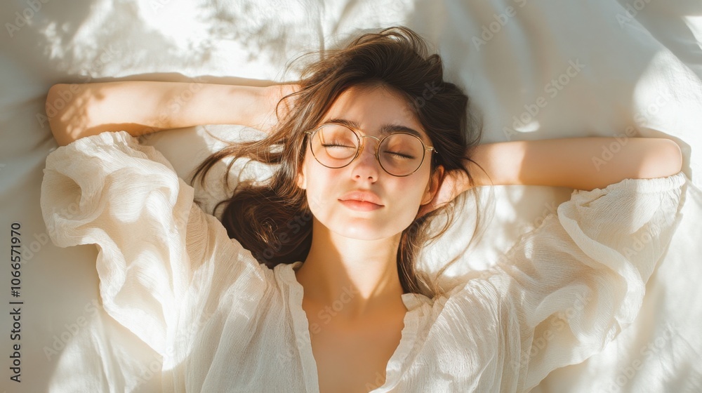 A young woman with glasses and a light blouse, lying on a bed with hands behind her head, surrounded by a minimalistic, bright room setting A young woman with glasses and a light blouse, lying on a bed with hands behind her head, surrounded by a minimalistic, bright room setting