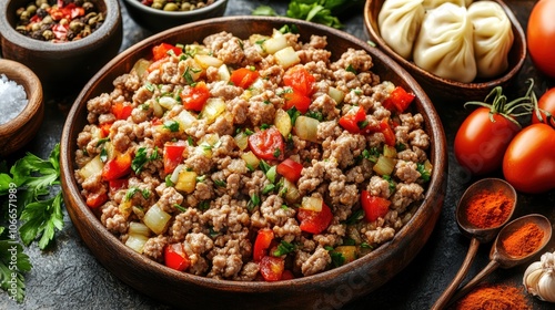 A detailed Chinese New Year dumpling recipe setup, featuring fresh ingredients like ground pork, chopped scallions, and vibrant spices, arranged on a wooden board with traditional utensils