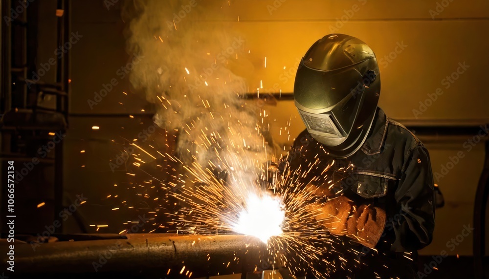 front view Plant mechanic welds pipes in industrial plant front view Plant mechanic welds pipes in industrial plant