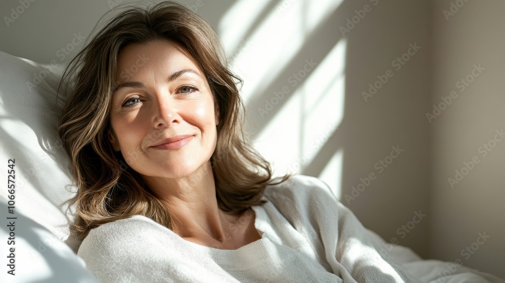 A middle-aged woman with shoulder-length hair and a serene smile, lying on a bed in a bright room with soft shadows on the walls A middle-aged woman with shoulder-length hair and a serene smile, lying on a bed in a bright room with soft shadows on the walls