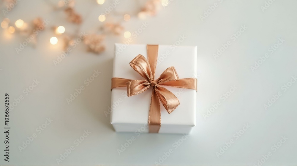 White Gift Box With Rose Gold Satin Ribbon On Light Grey Surface With String Lights White Gift Box With Rose Gold Satin Ribbon On Light Grey Surface With String Lights