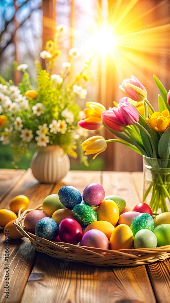 A vibrant still life of colorful Easter eggs on a wooden table with fresh flowers and sunlight streaming through a window A vibrant still life of colorful Easter eggs on a wooden table with fresh flowers and sunlight streaming through a window