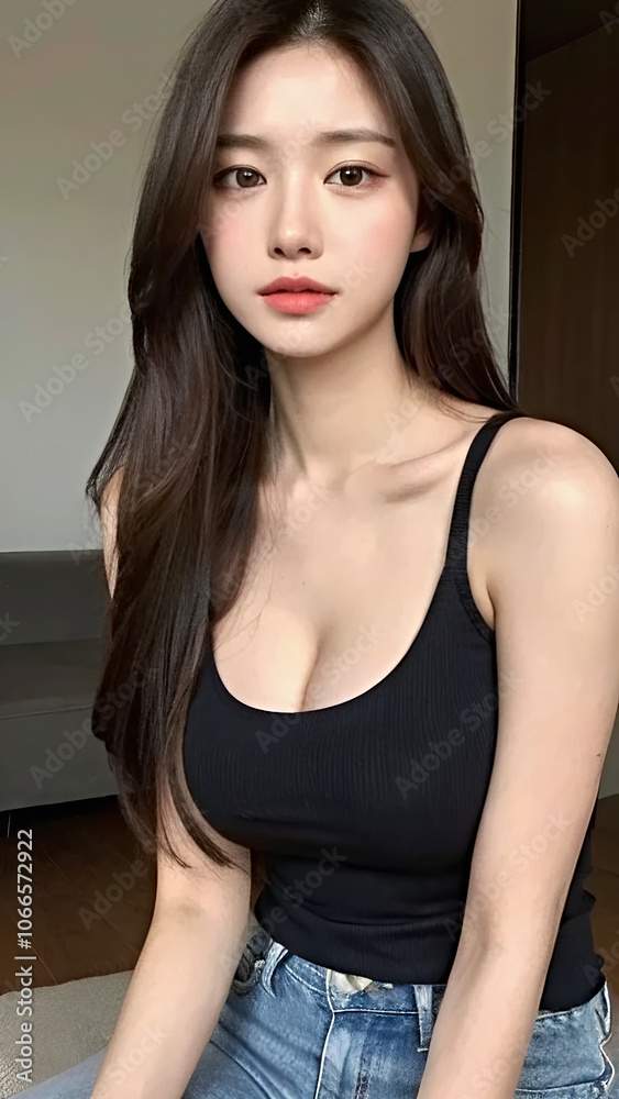 Close-Up Portrait of an Asian Woman with a Perfect Body, Beautiful Facial Features, Long Hair, Wearing a Tank Top and Jeans. Close-Up Portrait of an Asian Woman with a Perfect Body, Beautiful Facial Features, Long Hair, Wearing a Tank Top and Jeans.