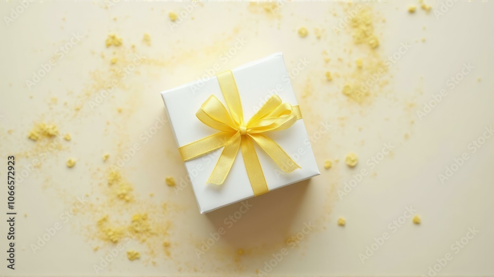 White Gift Box With Yellow Satin Ribbon On Beige Surface With Yellow Crumbs White Gift Box With Yellow Satin Ribbon On Beige Surface With Yellow Crumbs