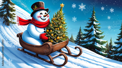 a snowman rides on a sleigh through a winter snowy forest, carrying a Christmas tree with decorations