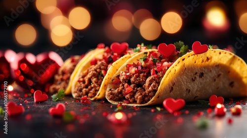 Romantic Heart-Themed Tacos for a Festive Celebration: Tacos with Ground Meat, Garnished with Red Hearts and Vegetables, Perfect for Valentine's Day or a Special Date Night Meal photo