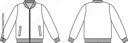 Editable technical fashion sketch for a Bomber Jacket, for apparel design, tech packs, and fashion production. Front, and back view.