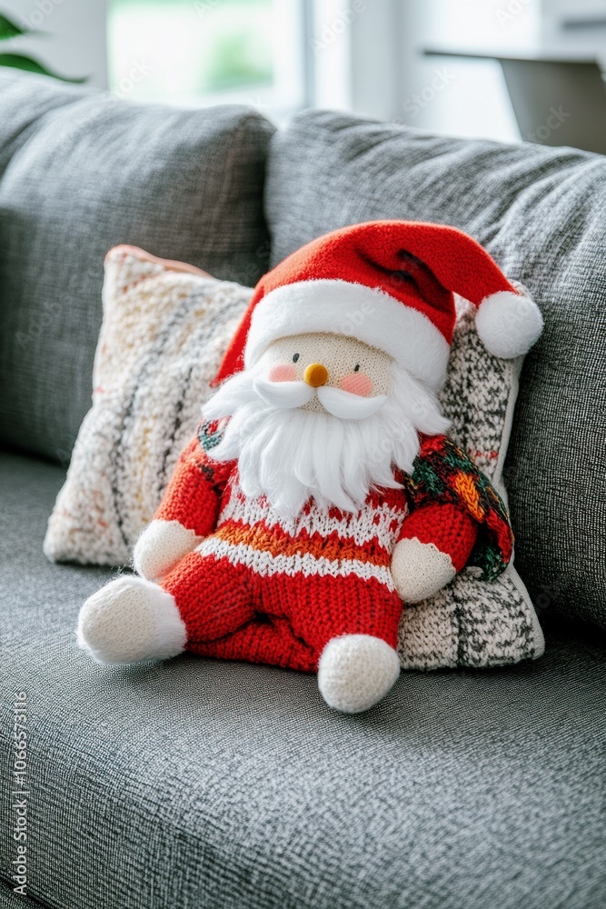 cozy knitted santa claus doll on sofa in a living room christmas holiday decor cozy knitted santa claus doll on sofa in a living room christmas holiday decor