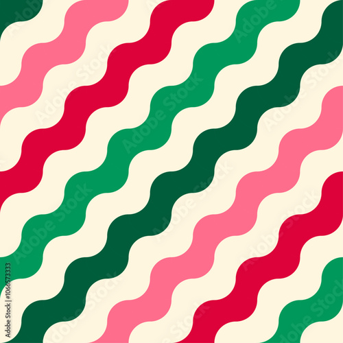 Red and green geometric wave seamless pattern design for Christmas holidays background.