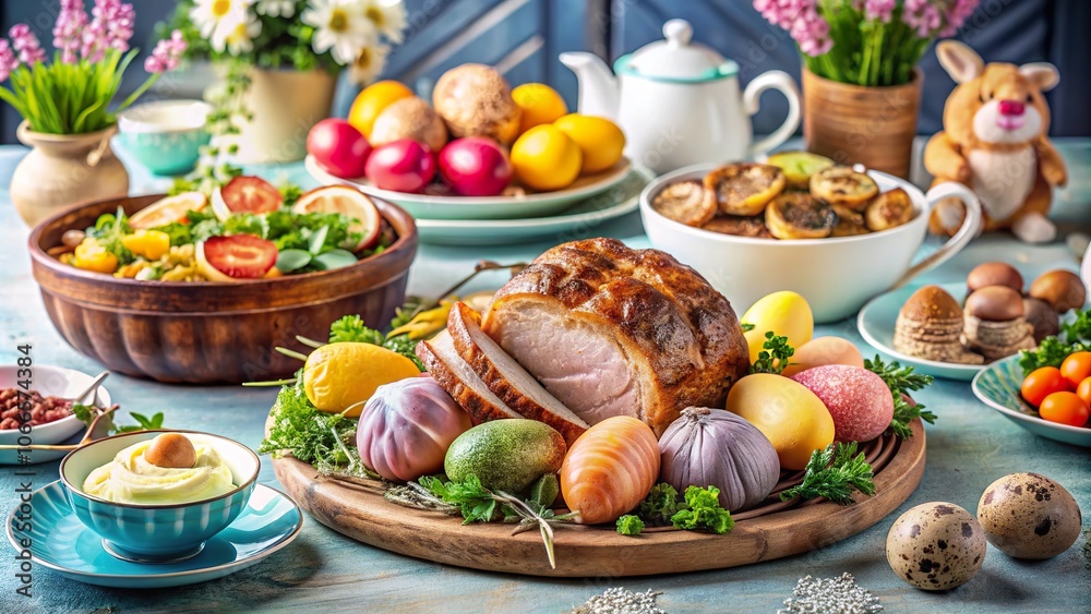 A delightful Easter feast showcasing traditional dishes and vibrant decorations on a beautifully set table A delightful Easter feast showcasing traditional dishes and vibrant decorations on a beautifully set table