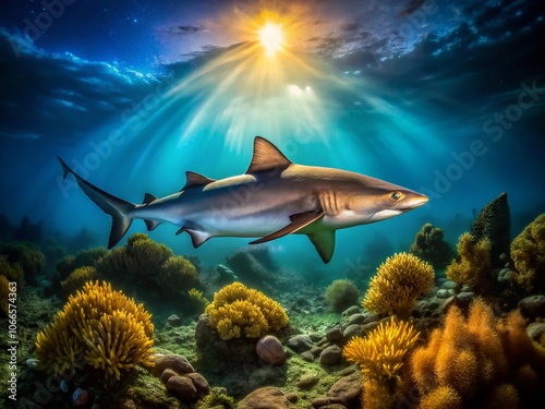 Aerial Night Photography of Bull Shark in Cabo Pulmo Reefs, Sea of Cortez - Stunning Underwater Ecosystem in the Pacific Ocean