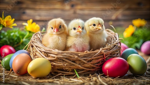 Three adorable baby chicks peeking out from their cozy nest surrounded by colorful eggs and cheerful flowers