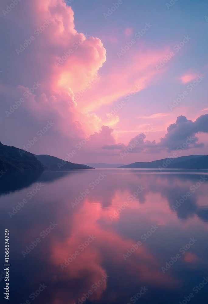 Vibrant pastel clouds reflecting on tranquil water at dusk Vibrant pastel clouds reflecting on tranquil water at dusk