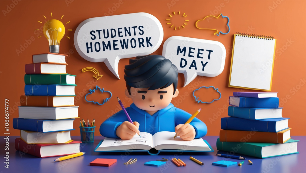 Students Day in 3D, student focused on homework with motivational surroundings. Students Day in 3D, student focused on homework with motivational surroundings.