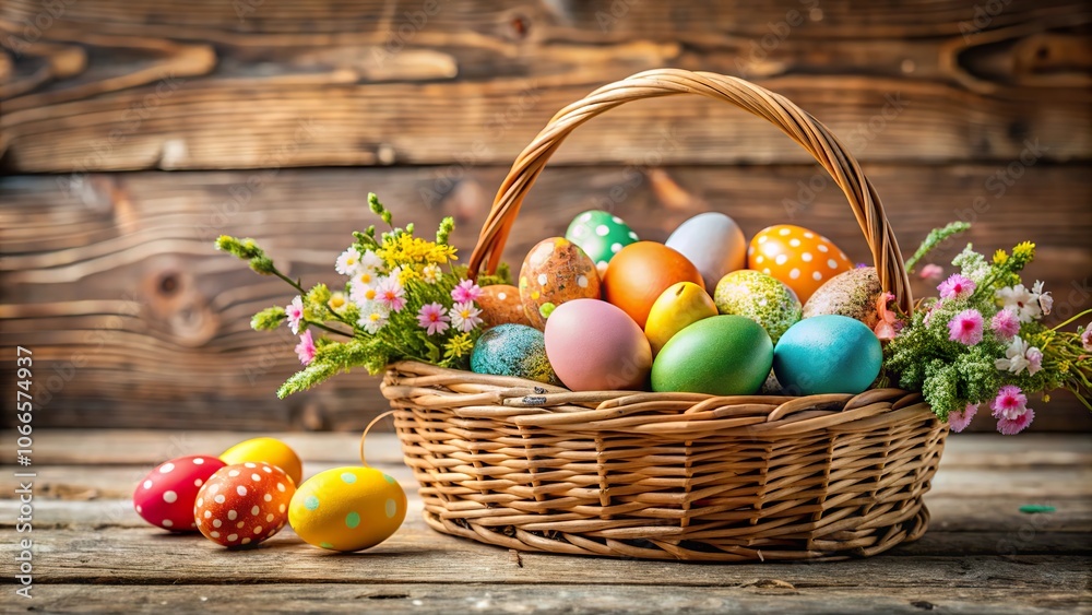 Beautiful Easter basket filled with colorful eggs and vibrant flowers on a rustic wooden table for spring celebrations Beautiful Easter basket filled with colorful eggs and vibrant flowers on a rustic wooden table for spring celebrations