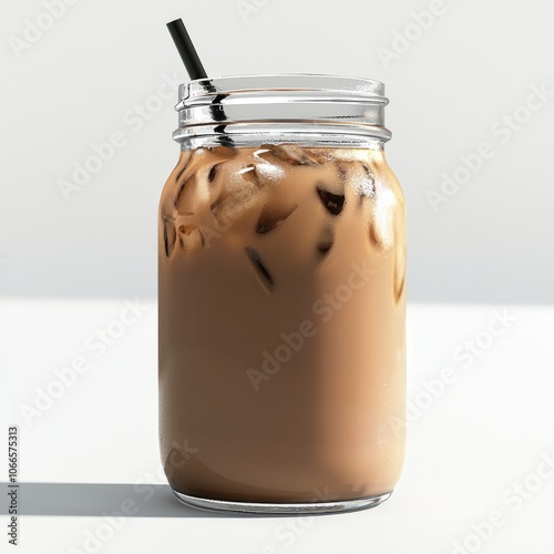 Low Poly 3D Render of a mason jar of iced coffee, on isolated white background
