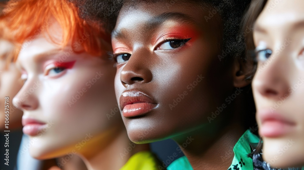 Close-up Portrait of Three Women with Bold Makeup Close-up Portrait of Three Women with Bold Makeup