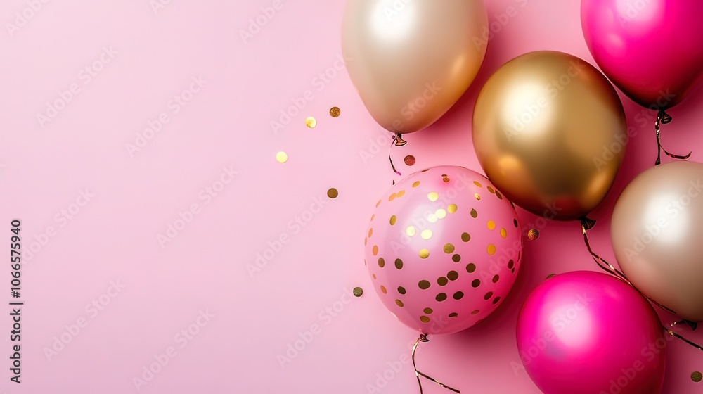 Pink and gold balloons with confetti on a pink background. (2) Pink and gold balloons with confetti on a pink background. (2)