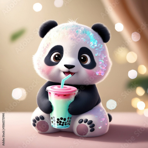 cute panda drinks a colored milkshake from a large glass through a straw. pastel colors, blurred background, bokeh