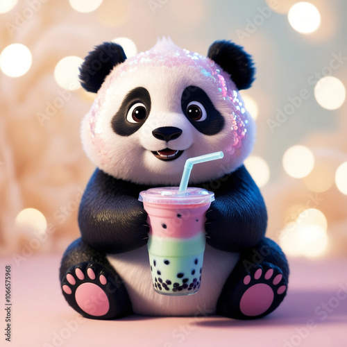 cute panda drinks a colored milkshake from a large glass through a straw. pastel colors, blurred background, bokeh