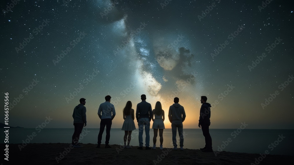 Fototapeta premium Group of friends stargazing at night on a beach under the milky way