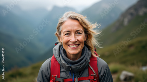Captivating Outdoor Portrait of Diverse Hiker in Scenic Mountain Landscape - Authentic Adventure Stock Photo