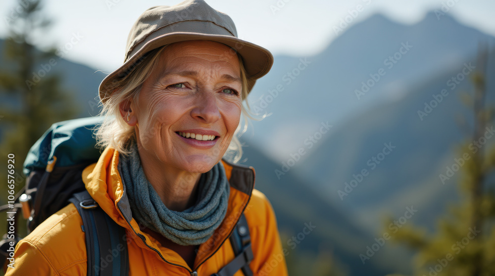 Captivating Outdoor Portrait of Diverse Hiker in Scenic Mountain Landscape - Authentic Adventure Stock Photo Captivating Outdoor Portrait of Diverse Hiker in Scenic Mountain Landscape - Authentic Adventure Stock Photo