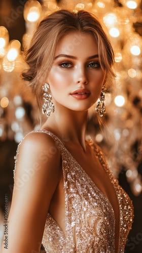 A beautiful woman with blonde hair and sparkling makeup poses in a gold sequin dress against a background of warm, golden lights.